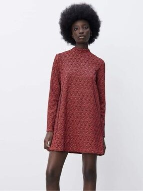 Zara Geometric Jacquard Long-Sleeve Mock Neck Tunic Dress